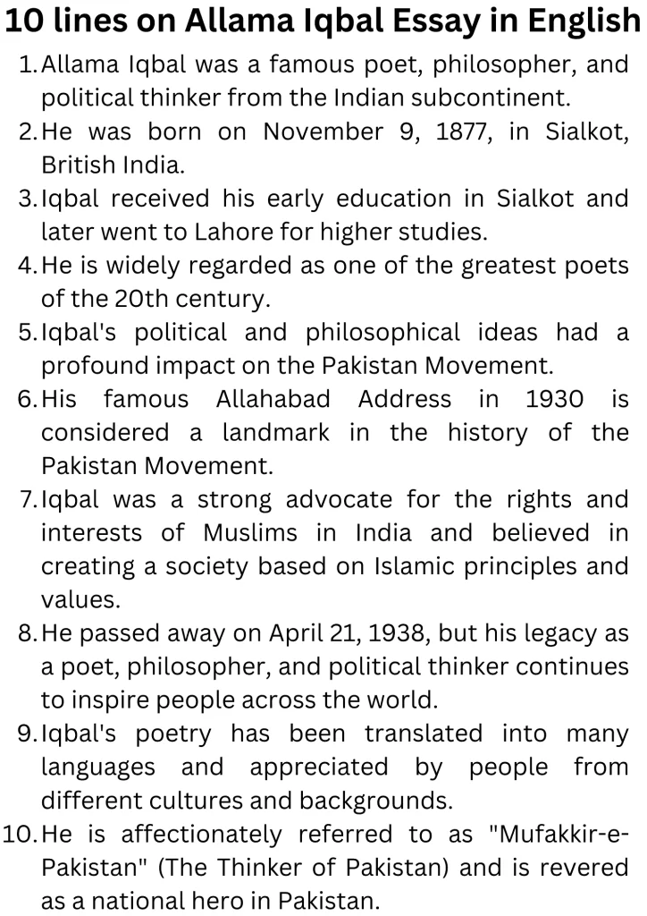 10 lines on Allama Iqbal in English